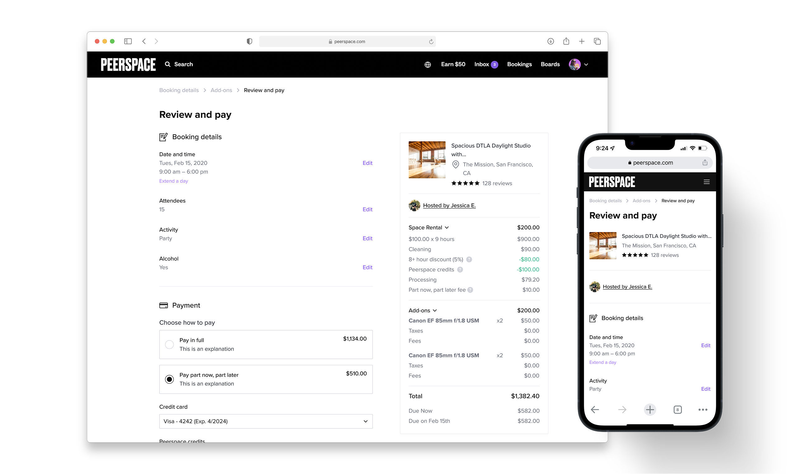 Peerspace review and pay screen on desktop and mobile, with a full price breakdown